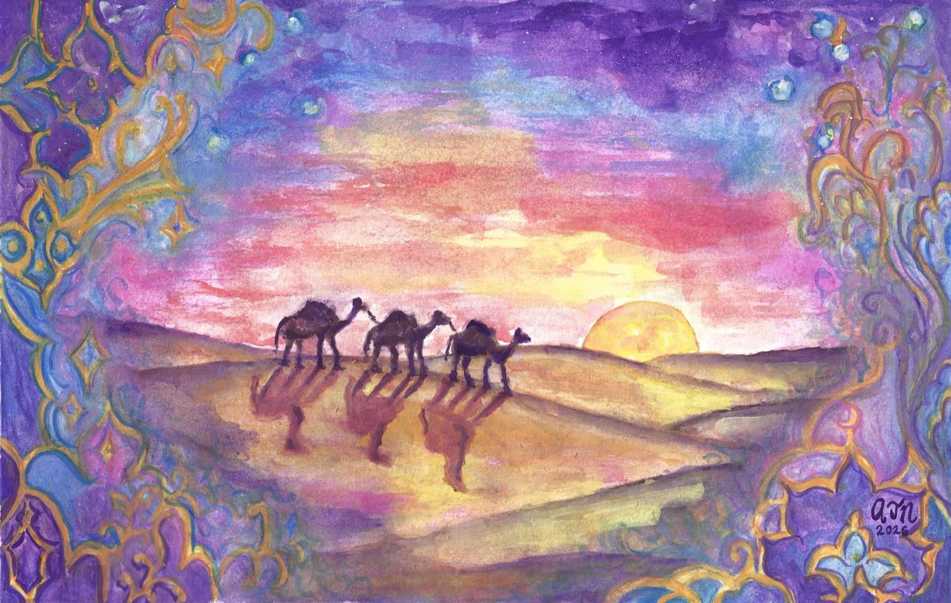 A caravan of camels crossing the dunes at sunset, by Amelia Nuwer